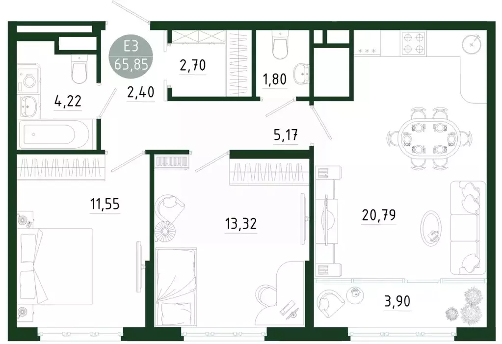 2-к кв. Тульская область, Тула Платон Парк жилой комплекс (65.85 м) - Фото 1