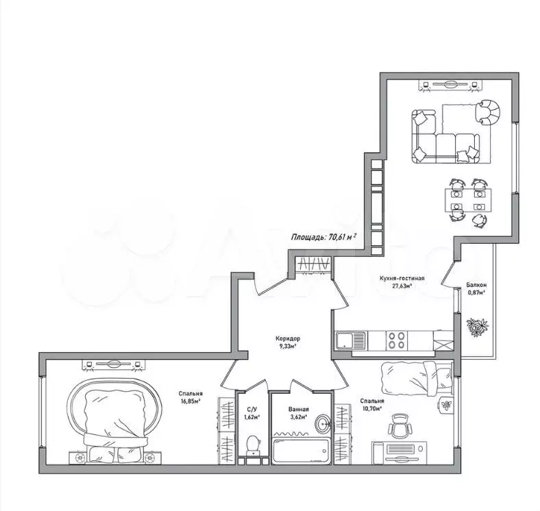 3-к. квартира, 71 м, 3/10 эт. - Фото 0
