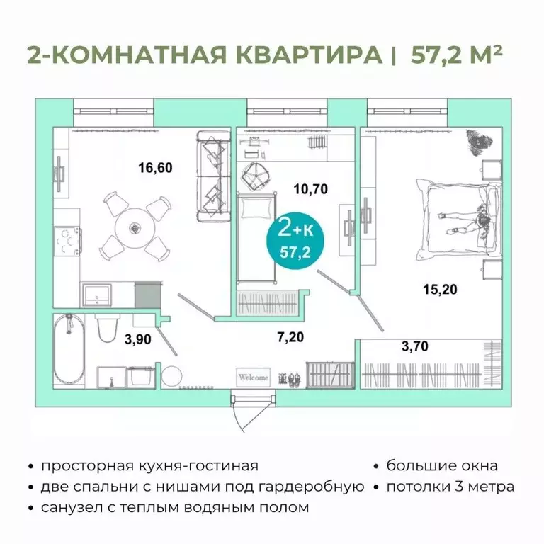 2-к кв. Оренбургская область, Оренбург Ростоши Премьер мкр,  (57.2 м) - Фото 0