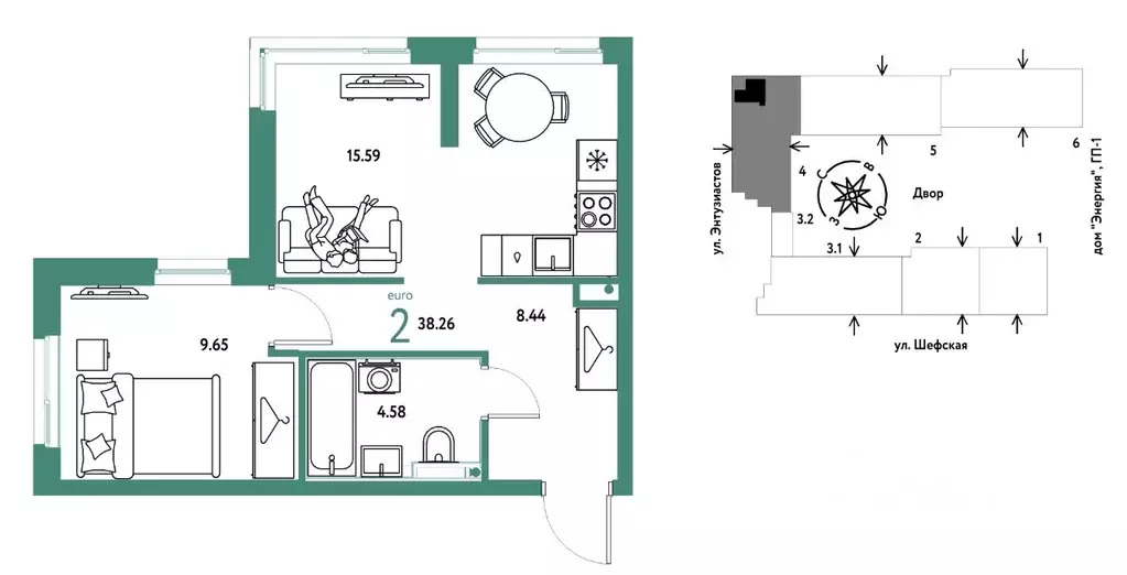 2-к кв. Свердловская область, Екатеринбург ул. Шефская, 28А (38.26 м) - Фото 1