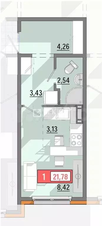 Квартира-студия, 21,8 м, 1/8 эт. - Фото 1