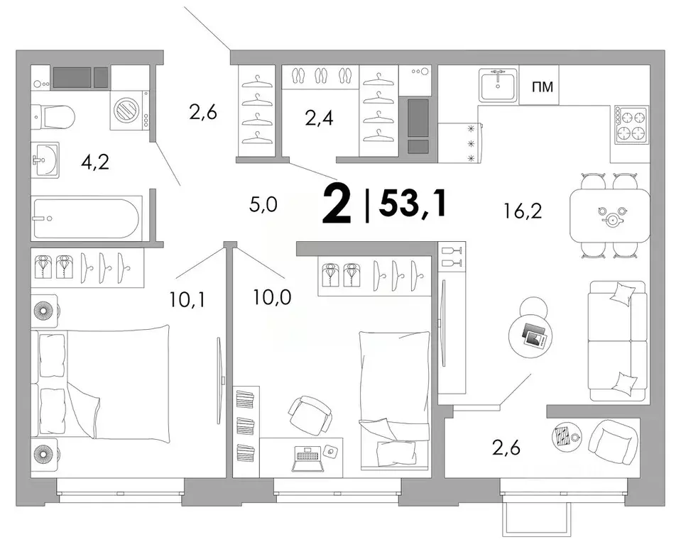 2-к кв. Владимирская область, Владимир Уно жилой комплекс (53.1 м) - Фото 1