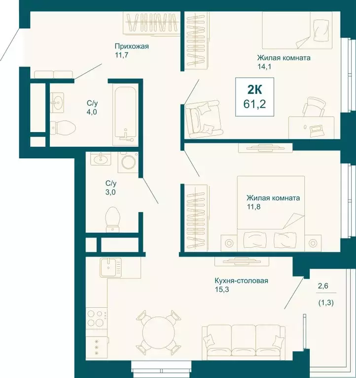 2-к кв. Свердловская область, Екатеринбург ул. 8 Марта, 197 (61.2 м) - Фото 1