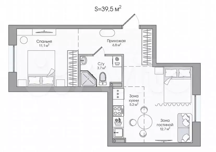 2-к. квартира, 39,5м, 2/3эт. - Фото 0