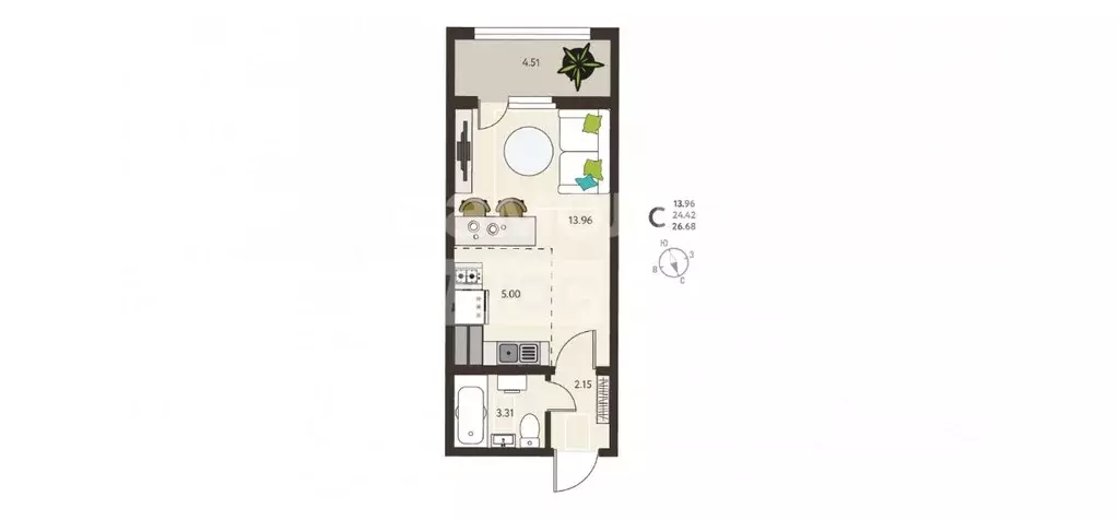 Студия Курская область, Курск ул. Энгельса, 115 (26.68 м) - Фото 1