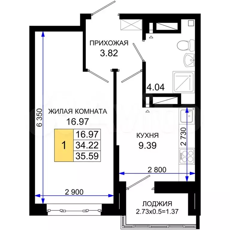 1-к. квартира, 35,6 м, 13/24 эт. - Фото 0