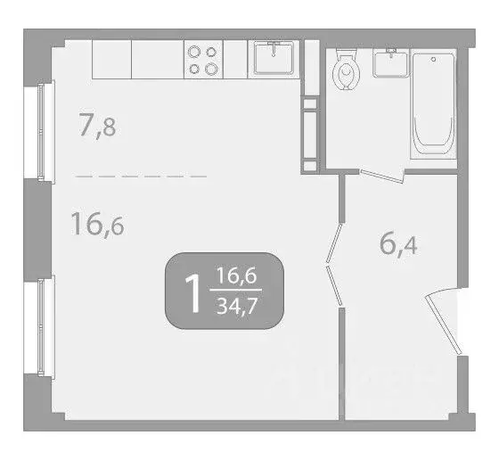1-к кв. Томская область, Томск ул. Юрия Ковалева, 47 (34.73 м) - Фото 1