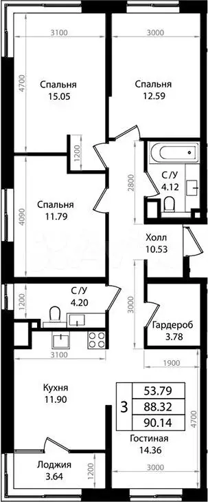 3-к. квартира, 88,3 м, 2/9 эт. - Фото 0