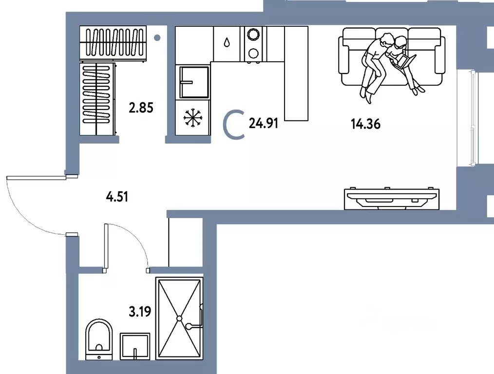 Студия Тюменская область, Тюмень Береговая ул., 100к2 (24.91 м) - Фото 1