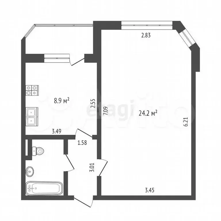 1-к. квартира, 43,1 м, 8/9 эт. - Фото 0