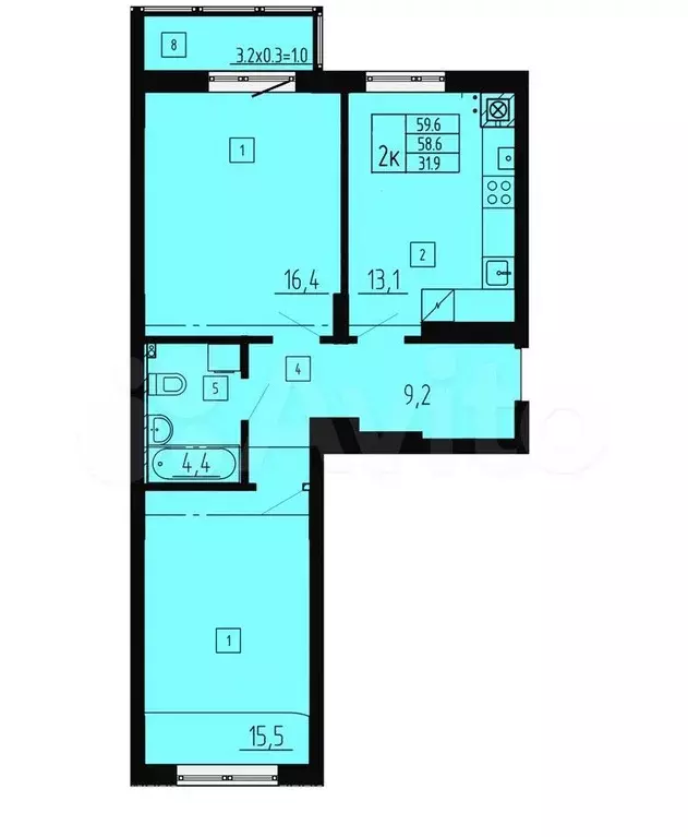 2-к. квартира, 59,6 м, 2/8 эт. - Фото 1