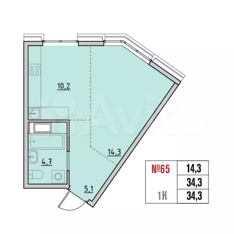 2-к. квартира, 34,2 м, 8/9 эт. - Фото 0