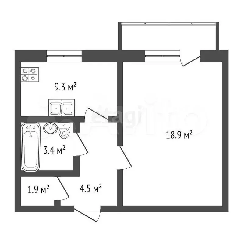 1-к. квартира, 38 м, 4/9 эт. - Фото 0