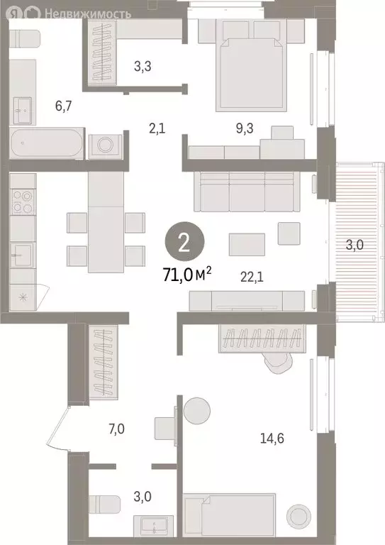 2-комнатная квартира: Тюмень, жилой комплекс На Минской (71.02 м) - Фото 1