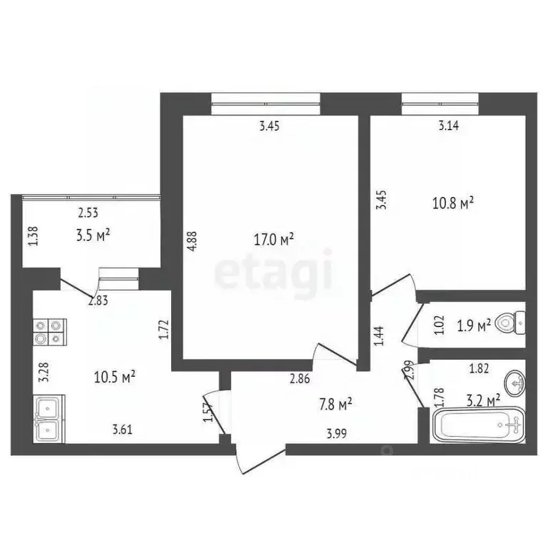 2-к кв. Башкортостан, Стерлитамак ул. Машиностроителей, 64 (51.6 м) - Фото 1