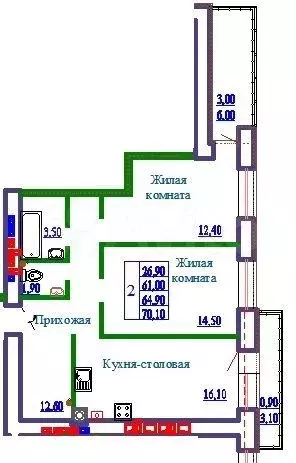 2-к. квартира, 70,1 м, 9/9 эт. - Фото 1