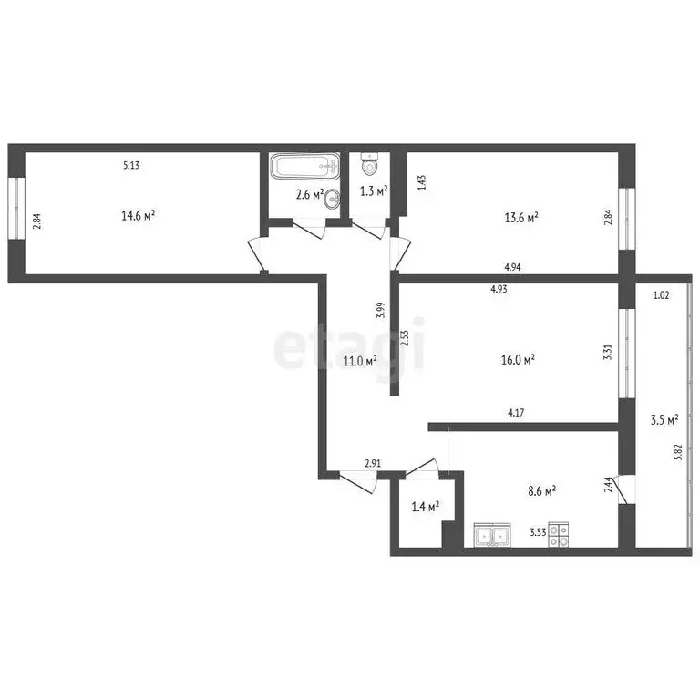 3-комнатная квартира: Набережные Челны, 65-й комплекс, 1 (69.8 м) - Фото 1