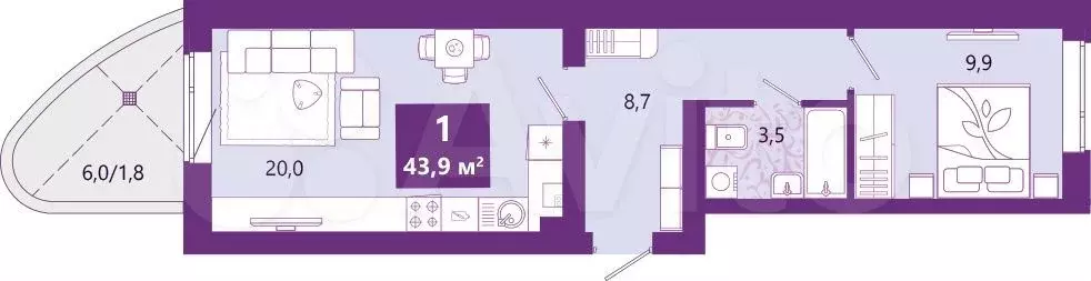 1-к. квартира, 44,5 м, 1/4 эт. - Фото 0