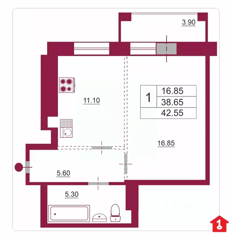 1-к кв. Омская область, Омск ул. Малиновского, 16к1 (42.55 м) - Фото 2