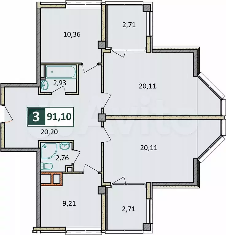 3-к. квартира, 91,1 м, 2/9 эт. - Фото 1