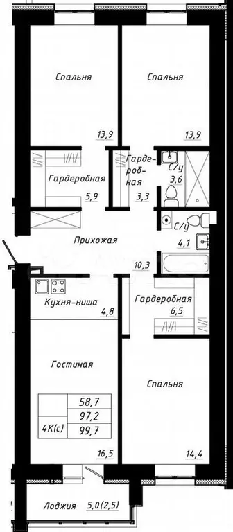 4-к. квартира, 99,7 м, 1/10 эт. - Фото 1