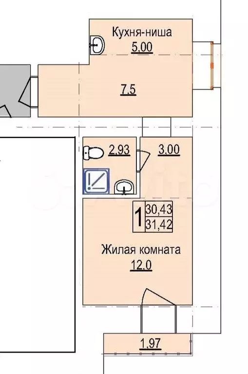 Квартира-студия, 31,5 м, 13/14 эт. - Фото 0