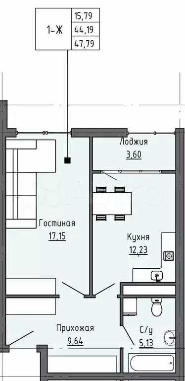 1-к. квартира, 47,8 м, 4/19 эт. - Фото 0