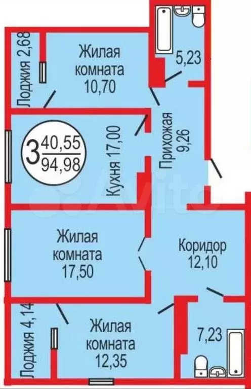 3-к. квартира, 91,6 м, 5/17 эт. - Фото 0