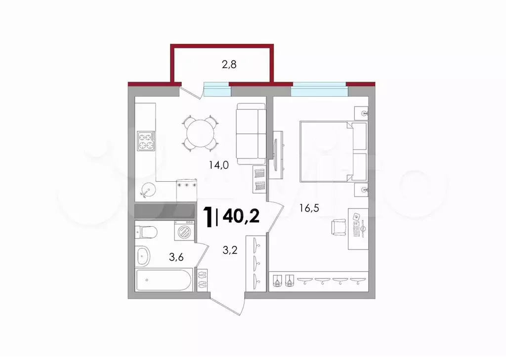 1-к. квартира, 40,2 м, 13/18 эт. - Фото 1