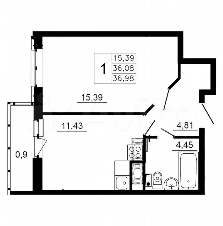 1-к. квартира, 36,5м, 2/12эт. - Фото 0