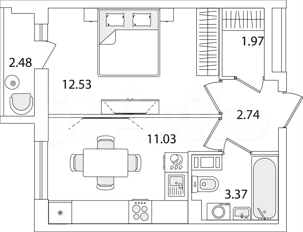 1-к. квартира, 32,9 м, 8/9 эт. - Фото 0