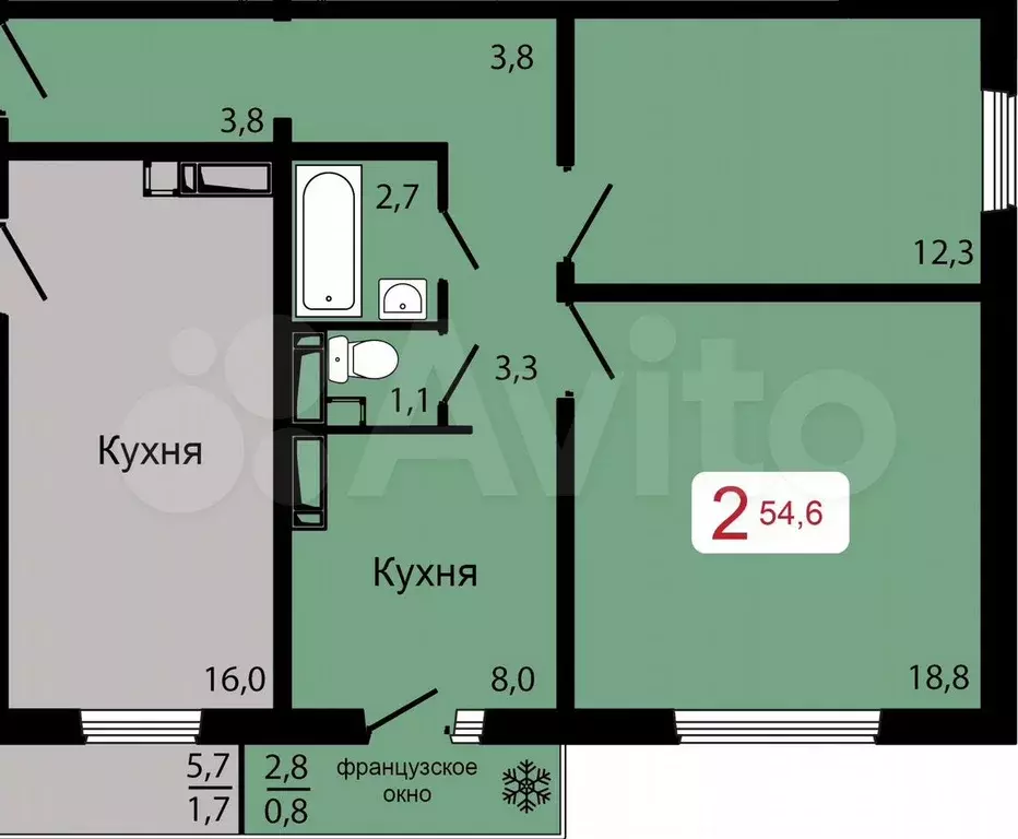 2-к. квартира, 54,6 м, 17/17 эт. - Фото 0