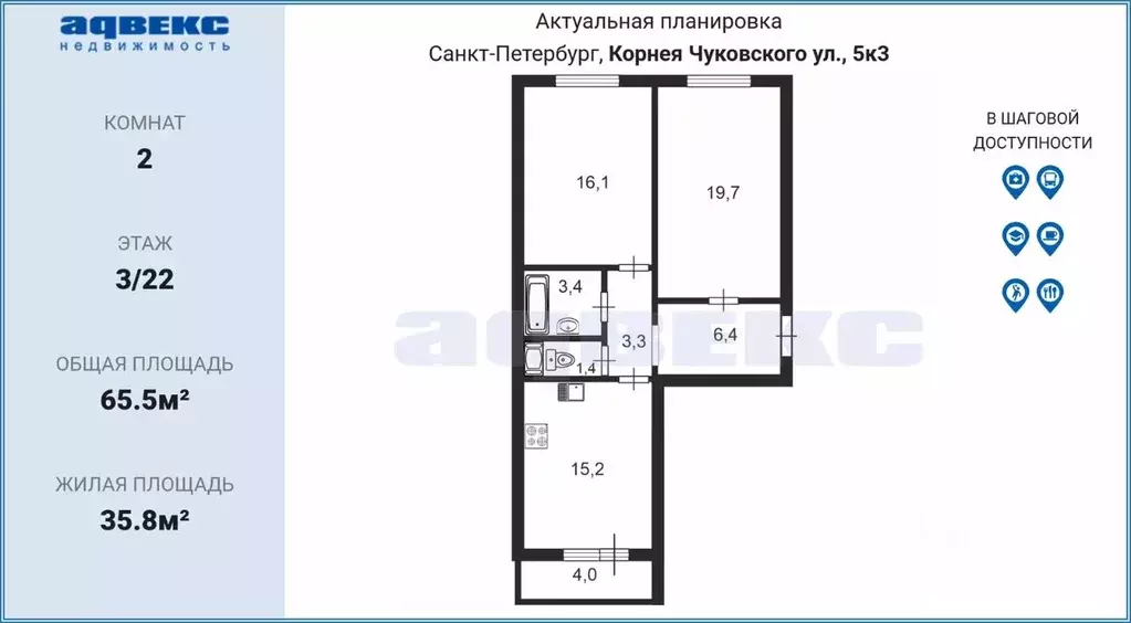 2-к кв. Санкт-Петербург ул. Корнея Чуковского, 5к3 (65.5 м) - Фото 1