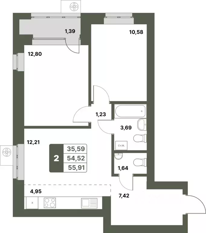 2-к кв. Башкортостан, Уфимский район, с. Миловка  (55.91 м) - Фото 0