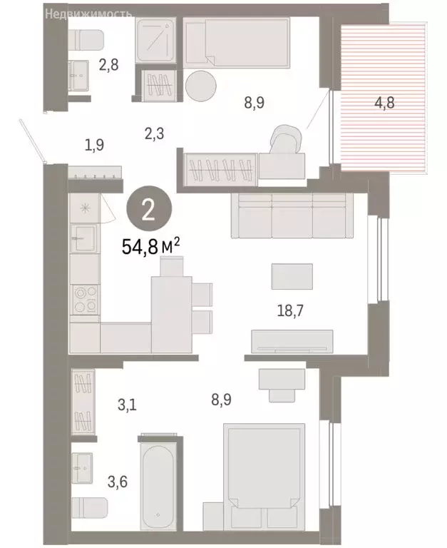 2-комнатная квартира: Новосибирский район, рабочий посёлок Краснообск, ... - Фото 2