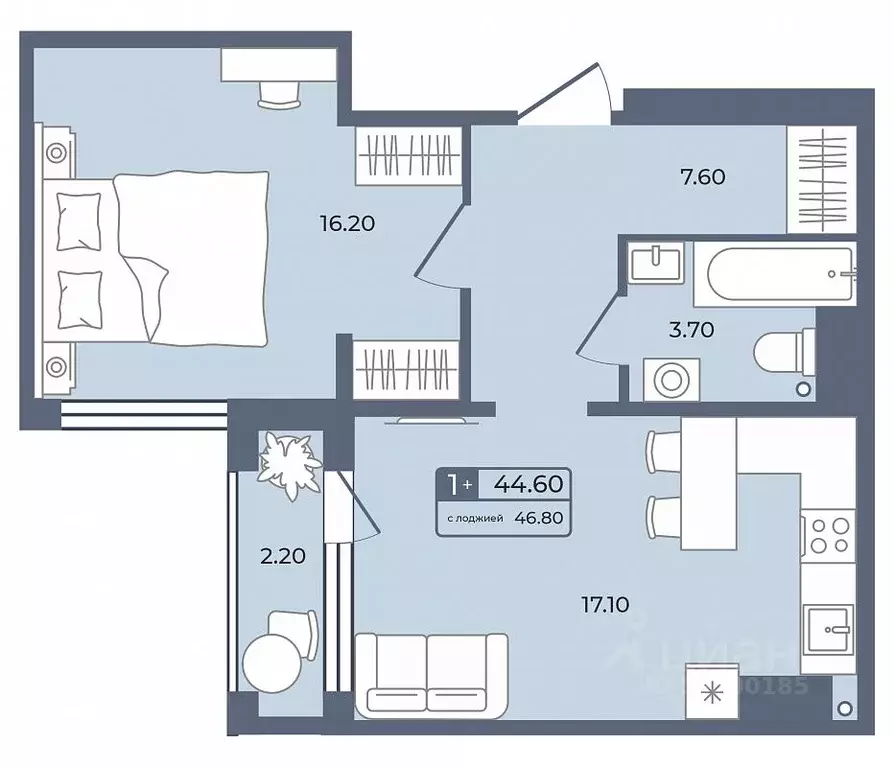 1-к кв. Тюменская область, Тюмень ул. Энергетиков, 42 (44.6 м) - Фото 1