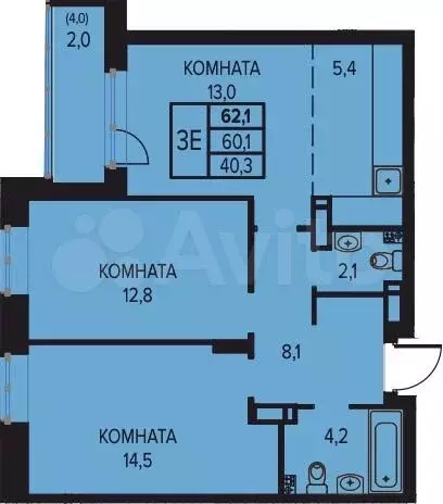 3-к. квартира, 62,1м, 12/16эт. - Фото 0