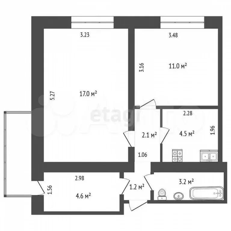 2-к. квартира, 43,6 м, 5/9 эт. - Фото 0