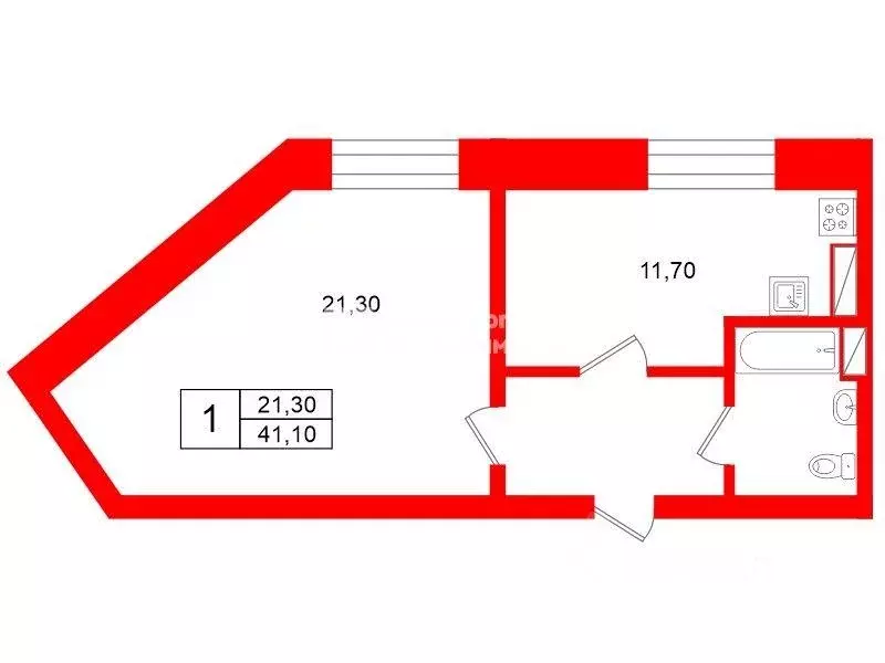 Квартира, 1 комната, 41.1 м - Фото 1