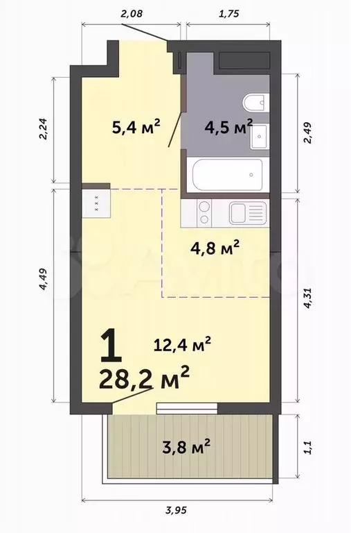 Квартира-студия, 28,2 м, 2/19 эт. - Фото 0