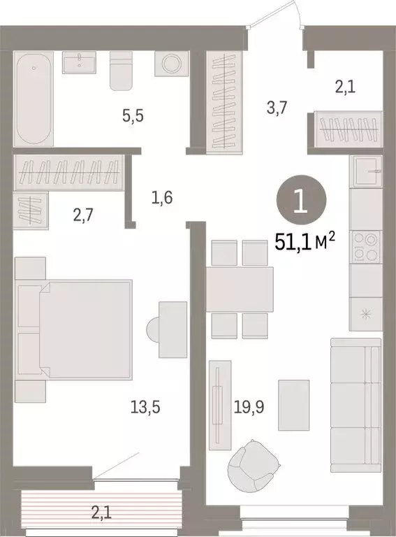 1-комнатная квартира: Тюмень, жилой комплекс Речной Порт (50.9 м) - Фото 2