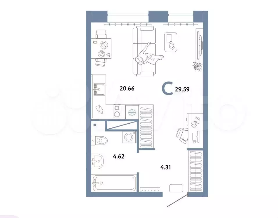 Квартира-студия, 29,6 м, 12/16 эт. - Фото 0