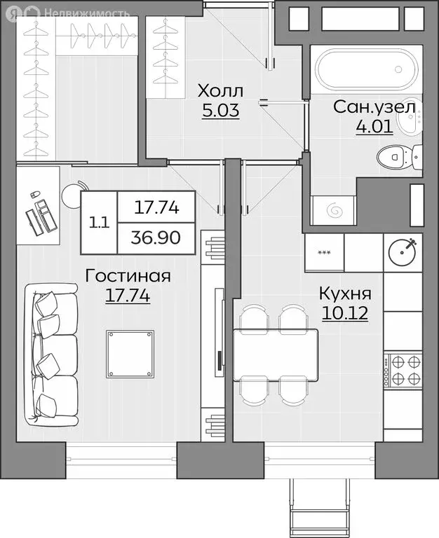 1-комнатная квартира: Казань, ЖК Батталовский (36.9 м) - Фото 0