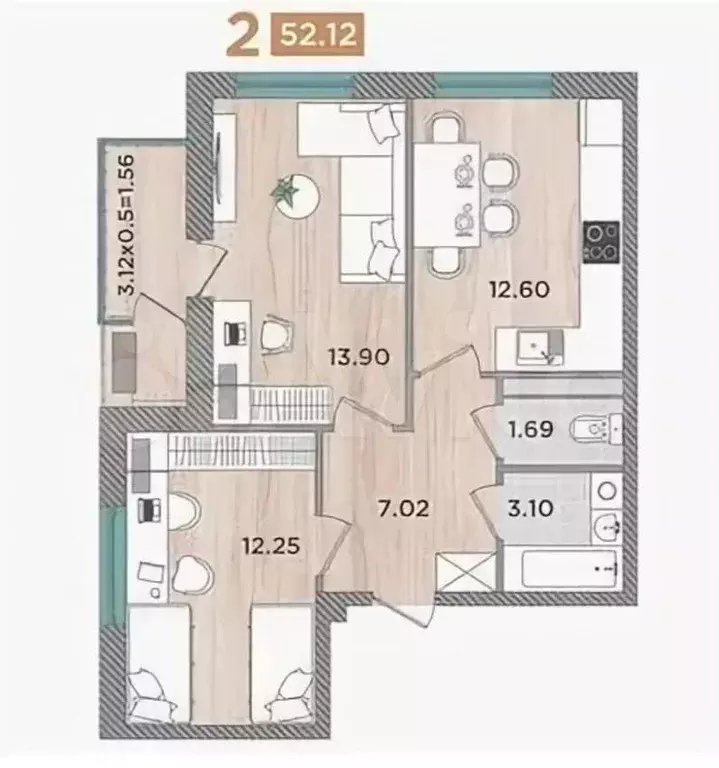 2-к. квартира, 52,1 м, 7/8 эт. - Фото 0