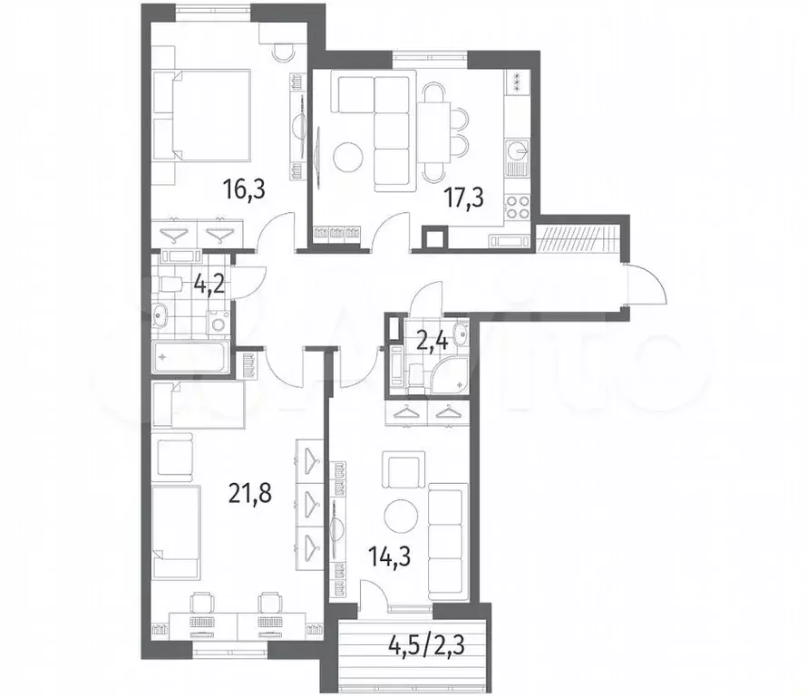 3-к. квартира, 92,5м, 4/5эт. - Фото 1