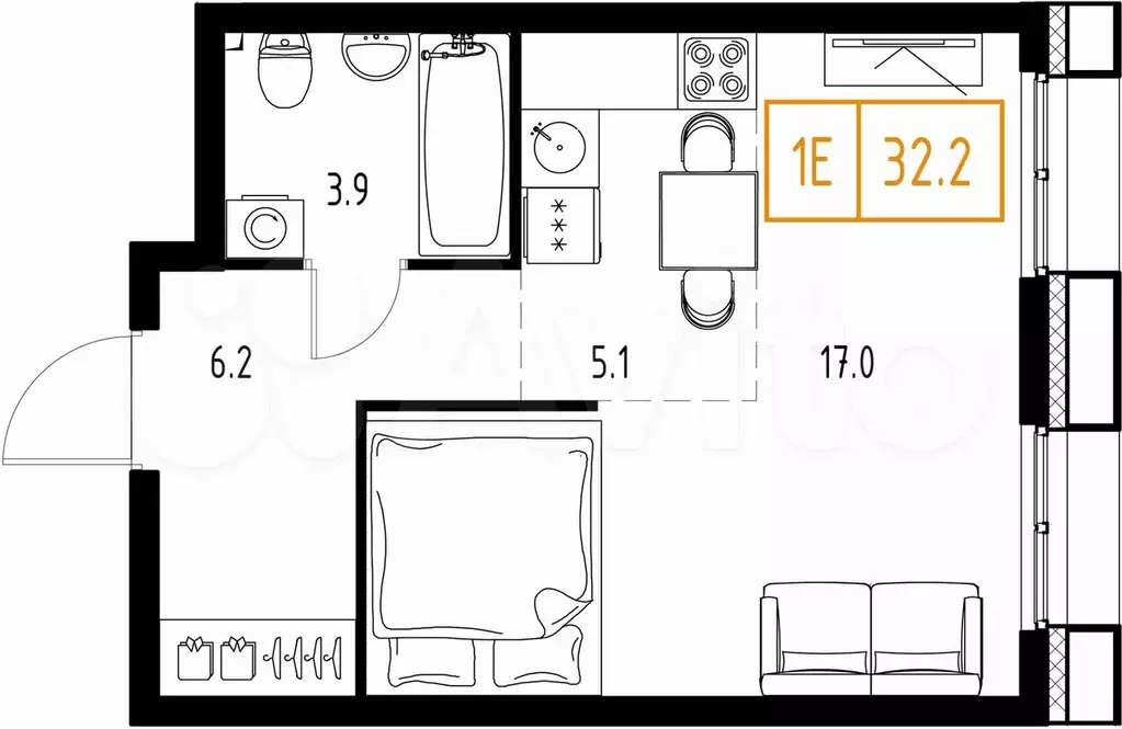 1-к. квартира, 32,2 м, 3/9 эт. - Фото 0