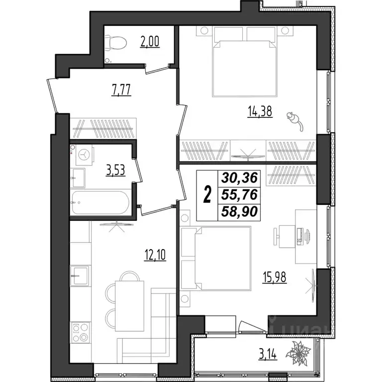 2-к кв. Мордовия, Саранск Химмаш жилрайон, 4-й мкр,  (58.9 м) - Фото 1