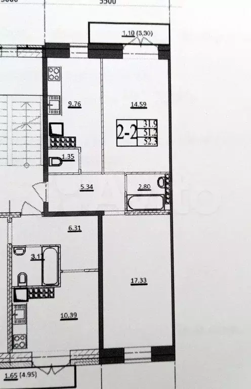 2-к. квартира, 52 м, 5/5 эт. - Фото 0