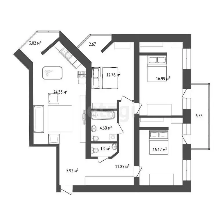 3-комнатная квартира: Тюмень, 6-й микрорайон, улица Валерии ... - Фото 1