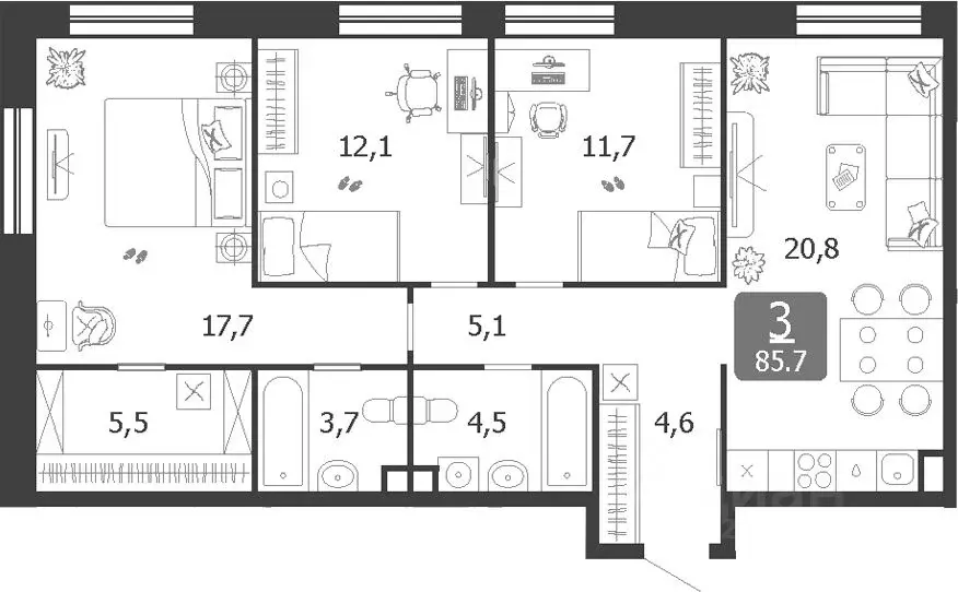 4-к кв. Москва 3-я оч., Шагал жилой комплекс, к7 (85.7 м) - Фото 2